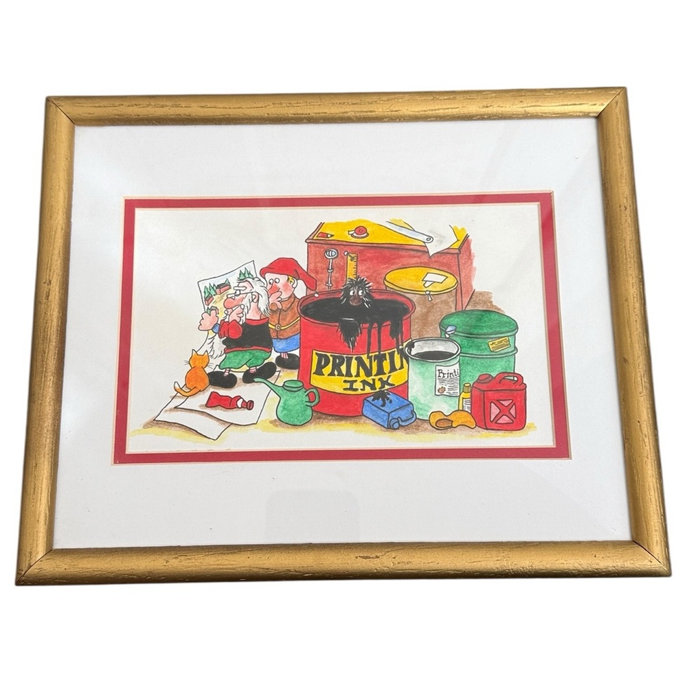 Santa Clause & His Elves Wall Decor Re-Drawn Painted Gold Frames Set of 3 - Picture 8 of 16